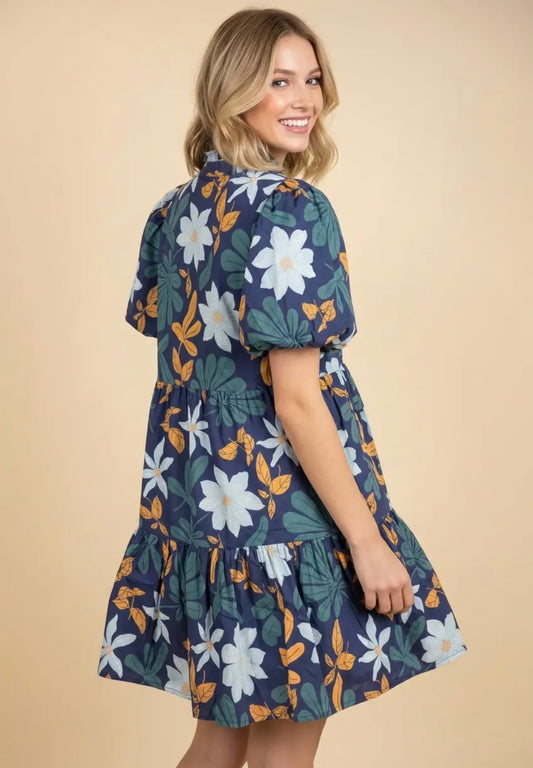 Anne Botanical Print Puff Sleeve Dress