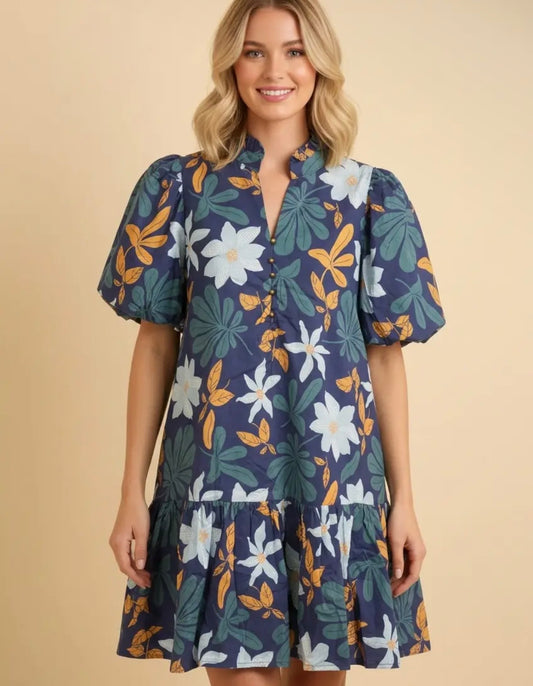 Anne Botanical Print Puff Sleeve Dress